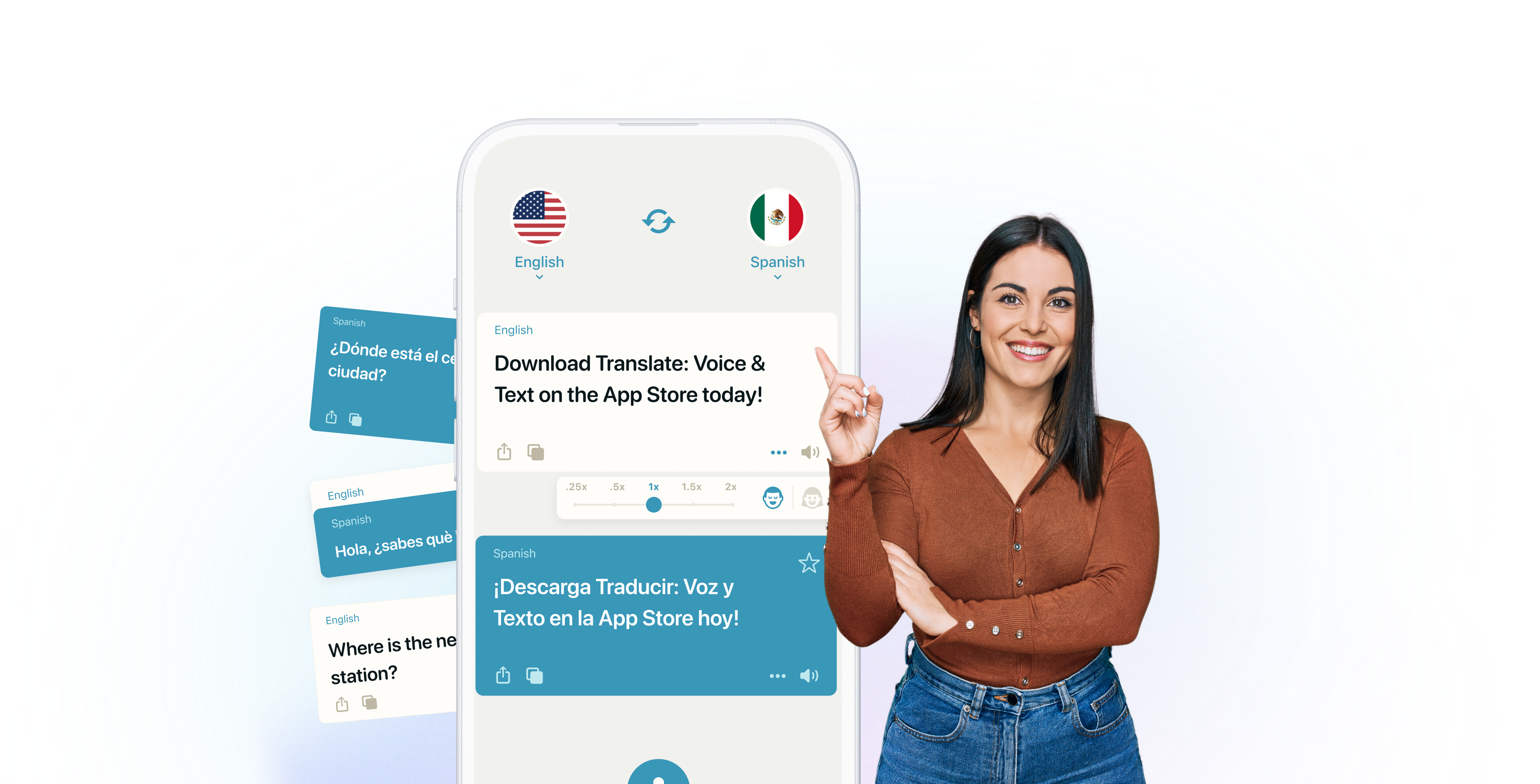 woman pointing at app on phone