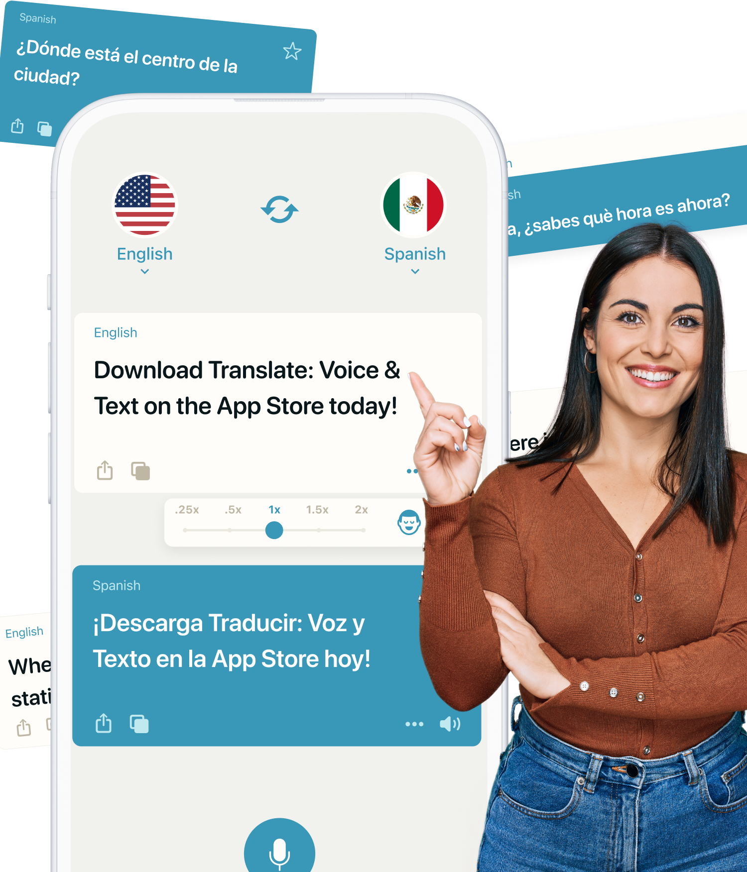 woman pointing at app on phone